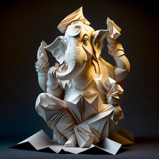 Highy realistic Origami of the Indian God Ganesha, Paper Art, Origami, 3D, perfectly illuminated, Japanese Origami, Highly detailed, --v 4