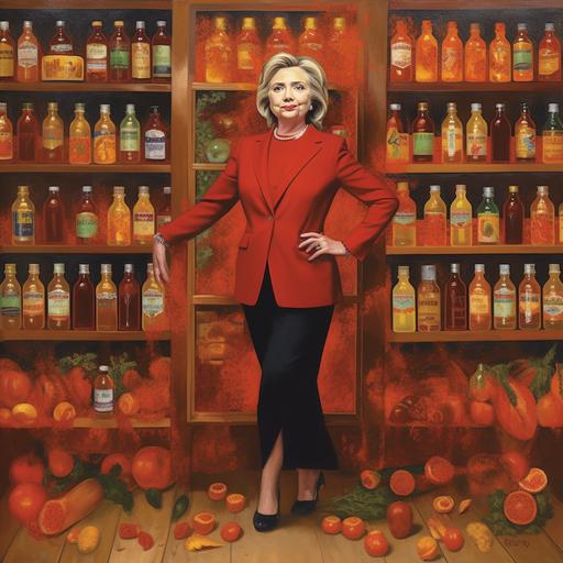 Hilary Clinton standing in front of an antique shelve lined with flowers in vases and bottles of red hot sauce. She is pouring a bottle of hot sauce into her mouth with a pleasant expression. She is wearing a T-shirt advertising hot sauce, red heels on her feet, and business slacks.