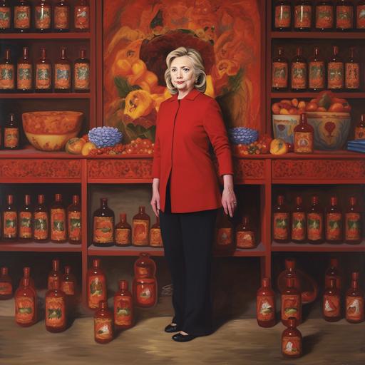 Hilary Clinton standing in front of an antique shelve lined with flowers in vases and bottles of red hot sauce. She is pouring a bottle of hot sauce into her mouth with a pleasant expression. She is wearing a T-shirt advertising hot sauce, red heels on her feet, and business slacks.