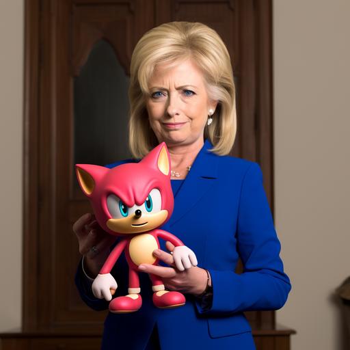 Hillary Clinton holds a small toy Amy Rose from the computer game Sonic