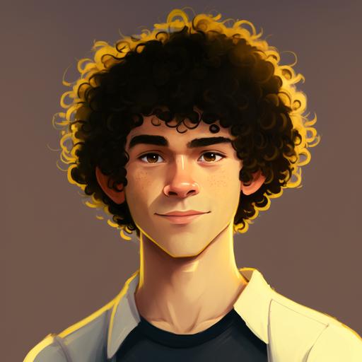 make a cartoon character, with curly hair, brown eyes, white skin, black shirt, and yellow image background