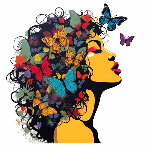 Hippie-type black American woman kissing a butterfly. Side profile. In the style of urban graffiti art. --style raw