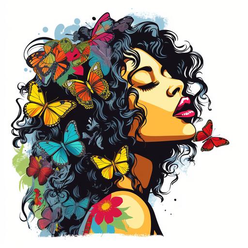 Hippie-type black American woman kissing a butterfly. Side profile. In the style of urban graffiti art. --style raw
