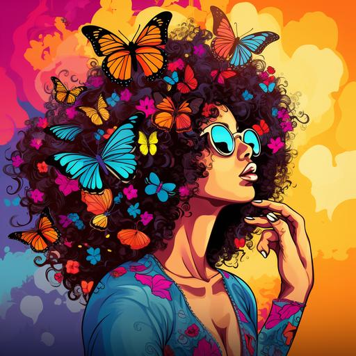 Hippie-type black American woman. Big Afro hairstyle. Holding a butterfly up to her lips about to kiss it. Side profile. In the style of urban graffiti art. --style raw