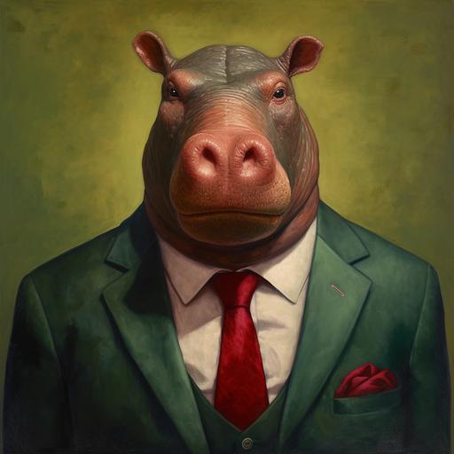 Hippo Head Businessman with Red tie and dark Green suit