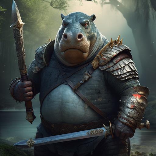 Hippo as a knight with a sword and shield
