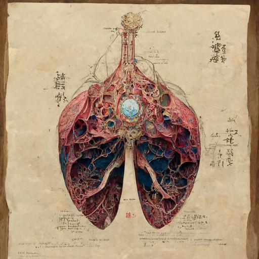 Hiroshi Yoshida style, full anatomical drawing of a lung, intricate details, alchemy, organic tissue, detail, 8k