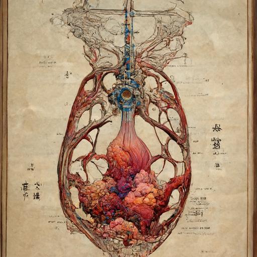 Hiroshi Yoshida style, full anatomical drawing of a lung, intricate details, alchemy, organic tissue, detail, 8k