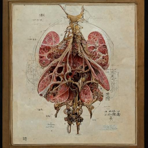 Hiroshi Yoshida style, full anatomical drawing of the lungs and stomach with a bee, intricate details, alchemy, organic tissue, detail, 8k