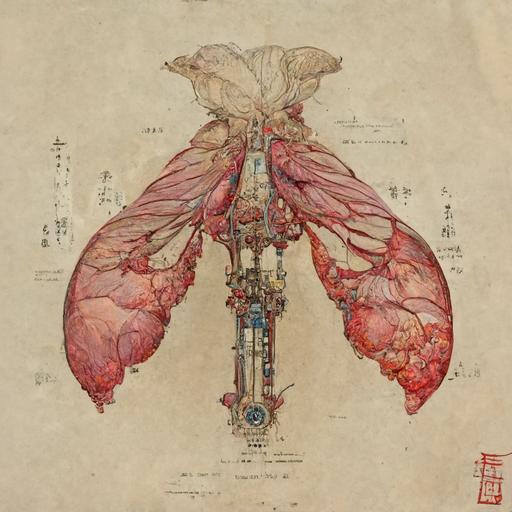 Hiroshi Yoshida style, full anatomical drawing of the lungs and stomach with a bee, intricate details, alchemy, organic tissue, detail, 8k