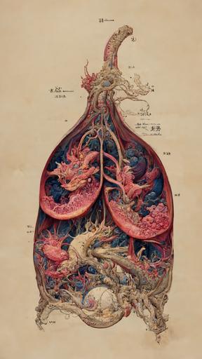 Hiroshi Yoshida style, full anatomical drawing of the lungs and stomach with a dragon, description, center,  intricate details, alchemy, organic tissue, detail, 8k --ar 9:16