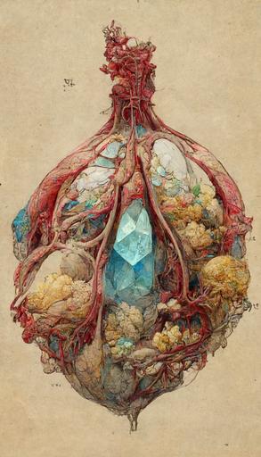Hiroshi Yoshida style, full internal anatomical drawing of dissected lungs and a diamond, intricate details, alchemy, organic tissue, hyper-realistic detail, description, center, 8k --ar 9:16