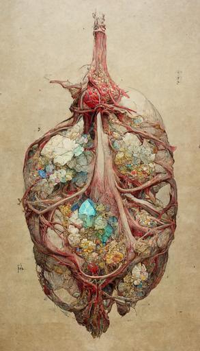 Hiroshi Yoshida style, full internal anatomical drawing of dissected lungs and a diamond, intricate details, alchemy, organic tissue, hyper-realistic detail, description, center, 8k --ar 9:16