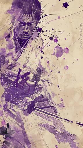 Hiroyuki Sanada, closeup, ilustration, two colors, samurai, screenpaint poster, minimalist single line sketch, john king & son, inc., in the style of purple and beige, bold lines, bright colors, handcrafted beauty, tilt-shift lenses, light brown and white, qing dynasty, bloomcore, anime style sketch hand draw, sketch water color, splash paint alcohol effect, ink drops, colorful, screenpaint --ar 9:16