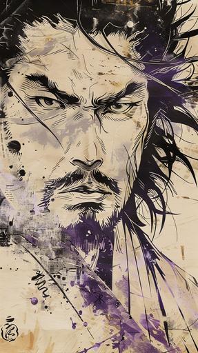 Hiroyuki Sanada, closeup, ilustration, two colors, samurai, screenpaint poster, minimalist single line sketch, john king & son, inc., in the style of purple and beige, bold lines, bright colors, handcrafted beauty, tilt-shift lenses, light brown and white, qing dynasty, bloomcore, anime style sketch hand draw, sketch water color, splash paint alcohol effect, ink drops, colorful, screenpaint --ar 9:16
