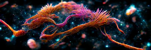 microscopy fibers of flowing dendrites, dragon siamese fighting betta fish, beautiful galactic nebulas inside of them, black background, highly detailed, vibrant colors, decorative, starfield, dark scene, hyperrealistic, 3d, octane render, unreal engine, hyperrealism, macroshot, depth of field, painted in the style of John Harris Art, --h 1000 --w 3000