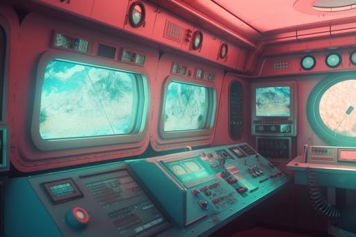 a submarine control room with large viewing window, through the window a 🌸🚨 can be seen looking in, retro futurism, photorealistic style, octane render, intricate details, warm colour palette, 4k, --ar 3:2 --v 5