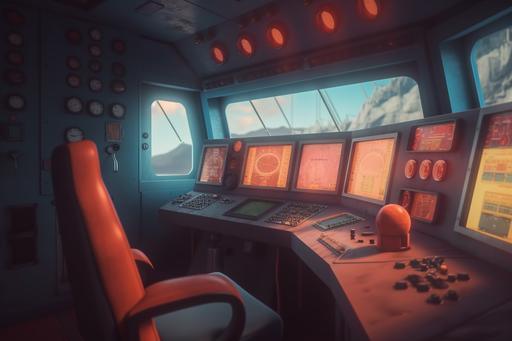a submarine control room with large viewing window, through the window a 🌸🚨 can be seen looking in, retro futurism, photorealistic style, octane render, intricate details, warm colour palette, 4k, --ar 3:2 --v 5