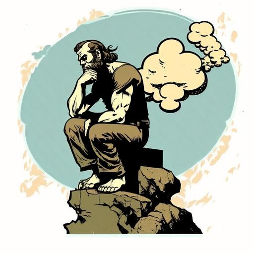 the thinker cartoon stile with thought bubble