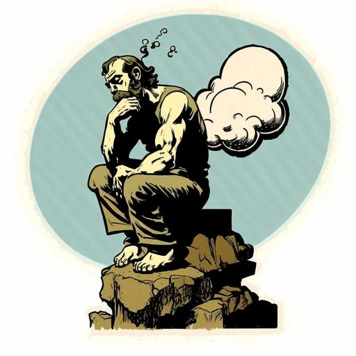 the thinker cartoon stile with thought bubble