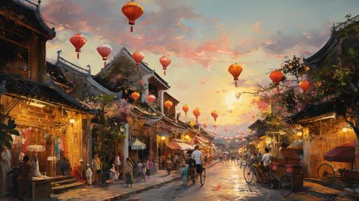 Hoi An city of Vietnam, in city center view, very little pink asian confetti, have a small street, paved path, detail houses, some commoners are living their daily lives, sunset with cloud, oil painting hard work, in the style of Peder Mork Monsted --ar 16:9 --v 5.2