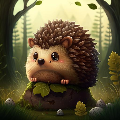 cartoon character hedgehog, forest background