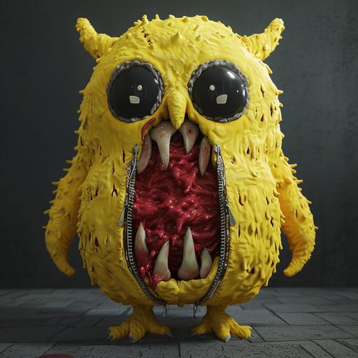Holes instead of eyes. Just sockets and dark dark nothing inside, mascot horror, a yellow owl soft toy covered like pinata, it has no eyes but gaping holes are in its place, No pupils or retina, just void and darkness, it has a zipper on its chest. The zipper is unzipped, to reveal a chasm full of horizontal teeth and red slime on both sides. Scary. Unreal engine, huggy wuggy , horror --v 6.0