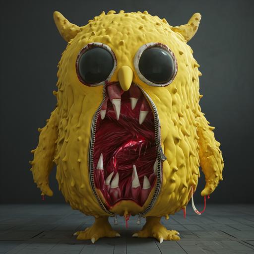Holes instead of eyes. Just sockets and dark dark nothing inside, mascot horror, a yellow owl soft toy covered like pinata, it has no eyes but gaping holes are in its place, No pupils or retina, just void and darkness, it has a zipper on its chest. The zipper is unzipped, to reveal a chasm full of horizontal teeth and red slime on both sides. Scary. Unreal engine, huggy wuggy , horror --v 6.0