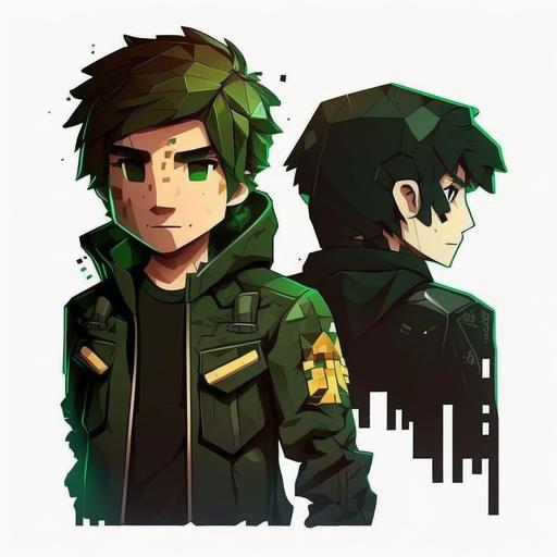 #minecraft A guy with dark green hair and dark green eyes and a black shirt and a dark green T-shirt and Vladyslav with a dark dream jacket and a yellow T-shirt chestnut eyes and dark brown hair