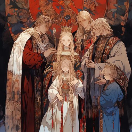 Holy Roman Empire, a family of nobles, parents, two older brothers, and a girl, gold and extravagant, Blonde hair and blue eyes, Anime character by takato yamamoto, fantasy, colorful, stylish,complex,messy,hyper-detailed,characterconcept art, beautiful face,ultra-detailed face, full length body, twinkling and dazzling and sparkling, dynamic angle, high sense --niji 5