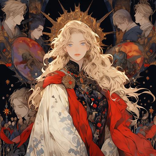 Holy Roman Empire, a family of nobles, parents, two older brothers, and a girl, gold and extravagant, Blonde hair and blue eyes, Anime character by takato yamamoto, fantasy, colorful, stylish,complex,messy,hyper-detailed,characterconcept art, beautiful face,ultra-detailed face, full length body, twinkling and dazzling and sparkling, dynamic angle, high sense --niji 5