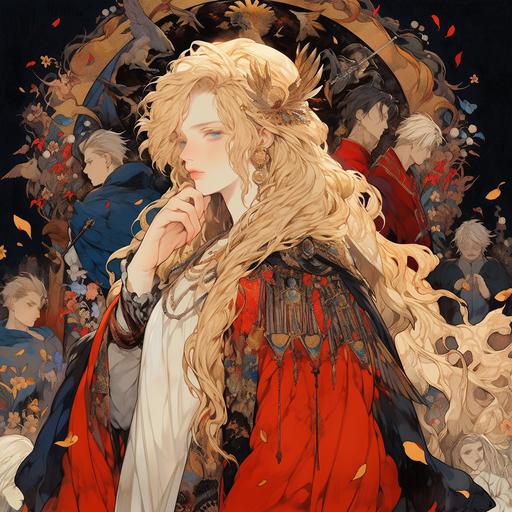 Holy Roman Empire, a family of nobles, parents, two older brothers, and a girl, gold and extravagant, Blonde hair and blue eyes, Anime character by takato yamamoto, fantasy, colorful, stylish,complex,messy,hyper-detailed,characterconcept art, beautiful face,ultra-detailed face, full length body, twinkling and dazzling and sparkling, dynamic angle, high sense --niji 5