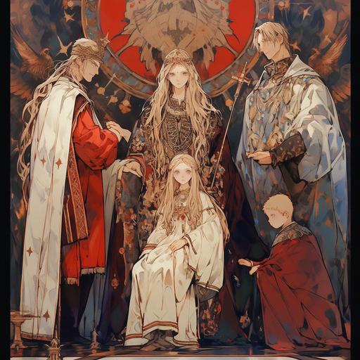 Holy Roman Empire, a family of nobles, parents, two older brothers, and a girl, gold and extravagant, Blonde hair and blue eyes, Anime character by takato yamamoto, fantasy, colorful, stylish,complex,messy,hyper-detailed,characterconcept art, beautiful face,ultra-detailed face, full length body, twinkling and dazzling and sparkling, dynamic angle, high sense --niji 5