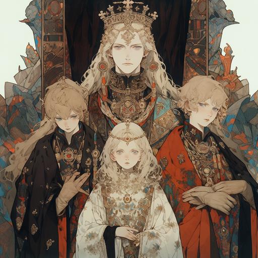 Holy Roman Empire, a family of nobles, parents, two older brothers, and a girl, gold and extravagant, Blonde hair and blue eyes, Anime character by takato yamamoto, fantasy, colorful, stylish,complex,messy,hyper-detailed,characterconcept art, beautiful face,ultra-detailed face, full length body, twinkling and dazzling and sparkling, dynamic angle, high sense --niji 5