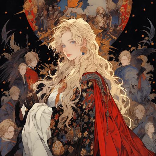 Holy Roman Empire, a family of nobles, parents, two older brothers, and a girl, gold and extravagant, Blonde hair and blue eyes, Anime character by takato yamamoto, fantasy, colorful, stylish,complex,messy,hyper-detailed,characterconcept art, beautiful face,ultra-detailed face, full length body, twinkling and dazzling and sparkling, dynamic angle, high sense --niji 5