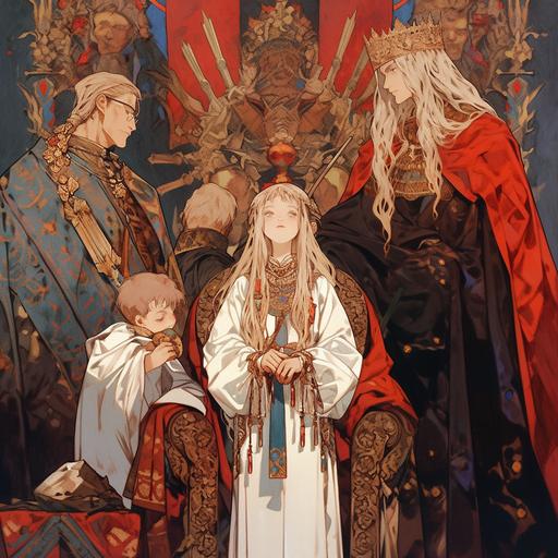 Holy Roman Empire, a family of nobles, parents, two older brothers, and a girl, gold and extravagant, Blonde hair and blue eyes, Anime character by takato yamamoto, fantasy, colorful, stylish,complex,messy,hyper-detailed,characterconcept art, beautiful face,ultra-detailed face, full length body, twinkling and dazzling and sparkling, dynamic angle, high sense --niji 5