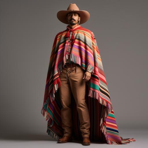 Hombre vestido de Huaso chileno, traje tipico de Chile, con poncho , sombrero de paja, botas con espuelas y polainas en las piernas