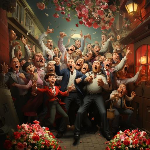 Home party szene, many people unhappy dancing, red noses, flue, in the entrance police standing, ploice officer in the door right side of the image, flowers flying around, flowers on the ground, funny illustration --s 750