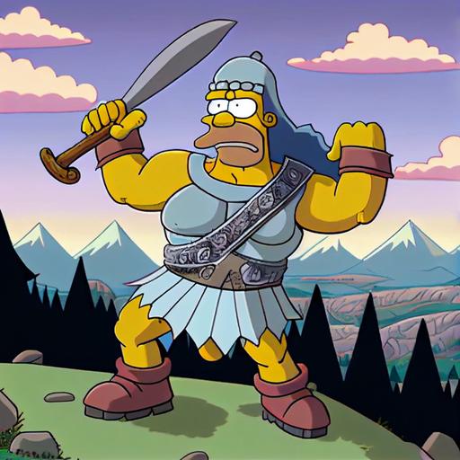 Homer Simpson as a barbarian in a fantasy land. The image should show Homer dressed in barbarian-style armor and wielding a huge, two-handed sword. The background should be a sprawling, fantasy-themed landscape, with rolling hills, forests, and mountains in the distance. Homer should be standing in a dynamic, action-packed pose, ready to take on any challenge that comes his way. Retir cartoon style, thin lines. --upbeta --v 4