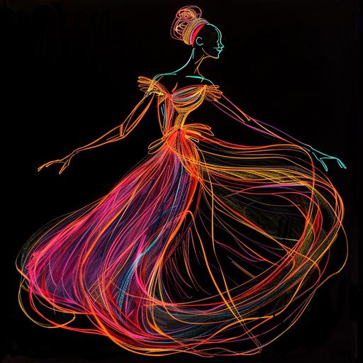 Honor and RAspect minimalist single line sketch of a elegant and radiant African Goddess in a vibrant and gorgeous flowing purple orange and turquoise gown dancing graciously across the ballroom floor black background --v 6.0