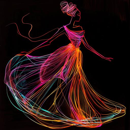 Honor and RAspect minimalist single line sketch of a elegant and radiant African Goddess in a vibrant and gorgeous flowing purple orange and turquoise gown dancing graciously across the ballroom floor black background --v 6.0