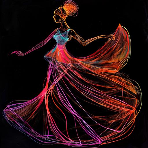 Honor and RAspect minimalist single line sketch of a elegant and radiant African Goddess in a vibrant and gorgeous flowing purple orange and turquoise gown dancing graciously across the ballroom floor black background --v 6.0