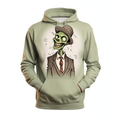 Hoodie with a drawing of one cartoon zombie in a full-length suit with a smile and a cigar, winking at the camera