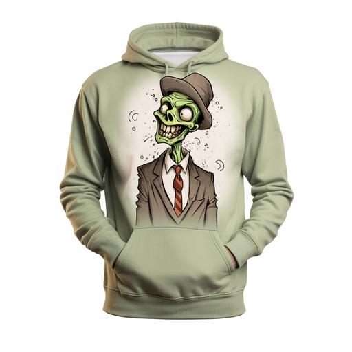 Hoodie with a drawing of one cartoon zombie in a full-length suit with a smile and a cigar, winking at the camera