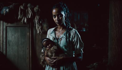 Horror film genre. Brown-skinned woman, with humid blouse, carrying a mysteriously evil half-bird half-human baby, hidden in the shadows. Full body, a wooden house in the background. Hyperrealistic. Taken with a Canon EOS 5D Mark IV, using a 50mm f/1.4 prime lens with cinematic lighting - v 5 --ar 16:9