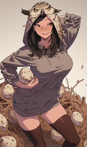 Horror manga art, a beautiful mom-bod woman in a ridiculous horned owl kigu, the hoodie looks just like a horned owl face, the actual face of the woman cute with freckled skin and black straight hair, around her is a giant nest that she's dancing around in, giant eggs cracking in background with baby raptor faces poking out of them --ar 3:5 --niji 6