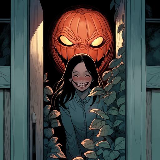 Horror manga cover, A cute mom-bod woman puts her hand in a slot of a door that looks like a Jack-o'-lantern smile, a red glow seeps out from the smiling door, the woman's face looks terrified, the building around her is made of blue gray stone, gothic, Carboniferous forest aesthetic to plant life and vines --niji 5