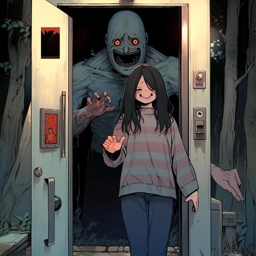 Horror manga cover, A cute mom-bod woman puts her hand in a slot of a door that looks like a Jack-o'-lantern smile, a red glow seeps out from the smiling door, the woman's face looks terrified, the building around her is made of blue gray stone, gothic, Carboniferous forest aesthetic to plant life and vines --niji 5