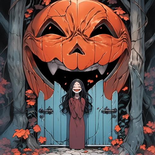 Horror manga cover, A cute mom-bod woman puts her hand in a slot of a door that looks like a Jack-o'-lantern smile, a red glow seeps out from the smiling door, the woman's face looks terrified, the building around her is made of blue gray stone, gothic, Carboniferous forest aesthetic to plant life and vines --niji 5