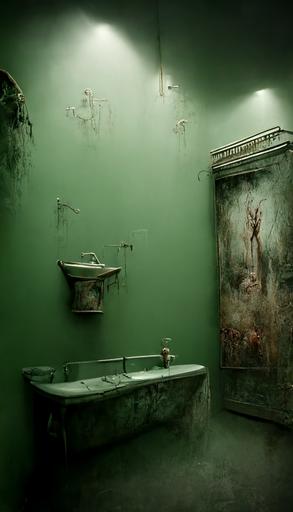 Horror scene bathroom, Venetian green plaster walls, liminal space, haunting atmosphere, gothic,  photorealistic, hyperdetailed 3D matte painting, hyperrealism, hyperrealistic, cinematic, silent hill, horror style, 8k ultra HD octane render --ar 9:16